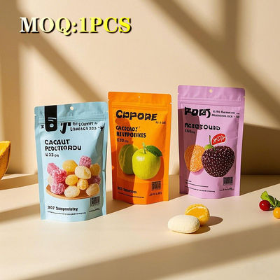Производитель По заказам Печатные многоразовые красочные пластиковые упаковки Фруктовые закуски Конфеты Глянцевые Стоящие мешки Mylar с молниеносной решеткой