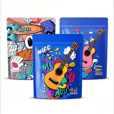 Напечатанные на заказ 3,5 г алюминиевой фольги Mylar Stand Up Pouches Smell Proof Re-sealable Ziplock Food Packaging Bags Die-cut Design